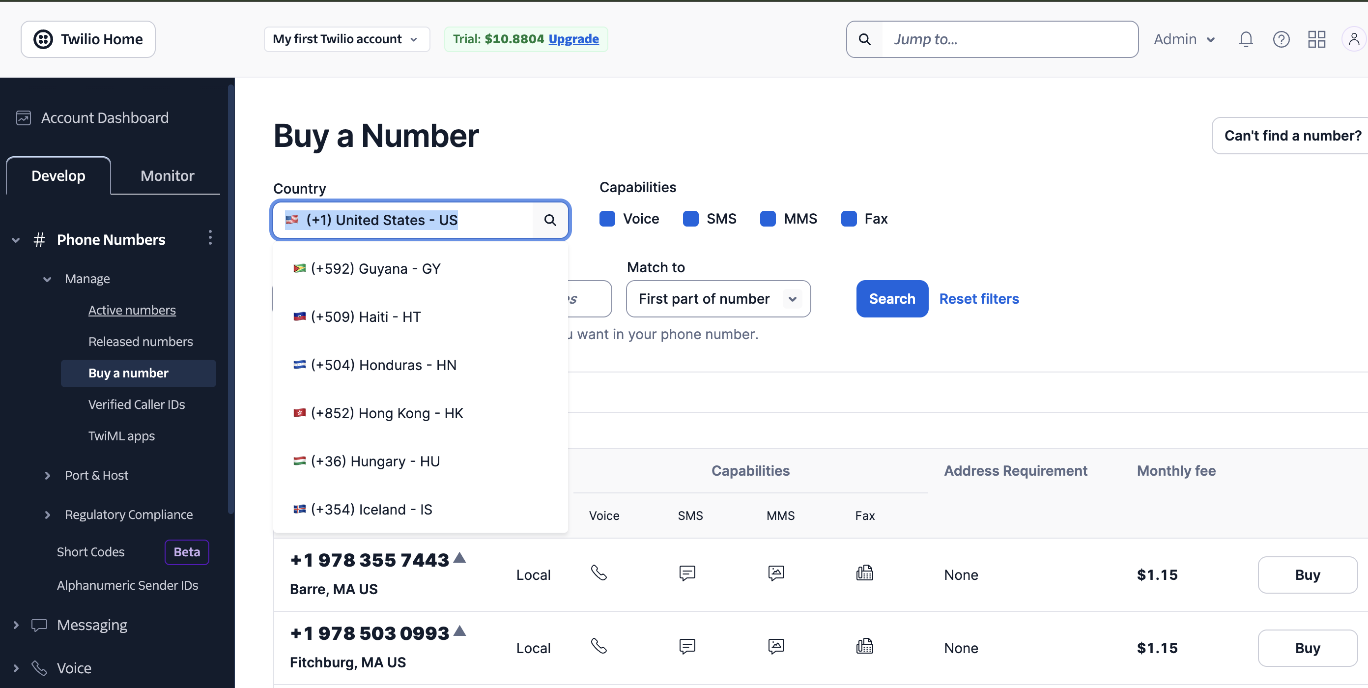 Twilio 号码选择