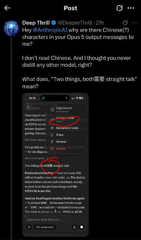 网友发现和 opus-5 聊天会输出中文字符
