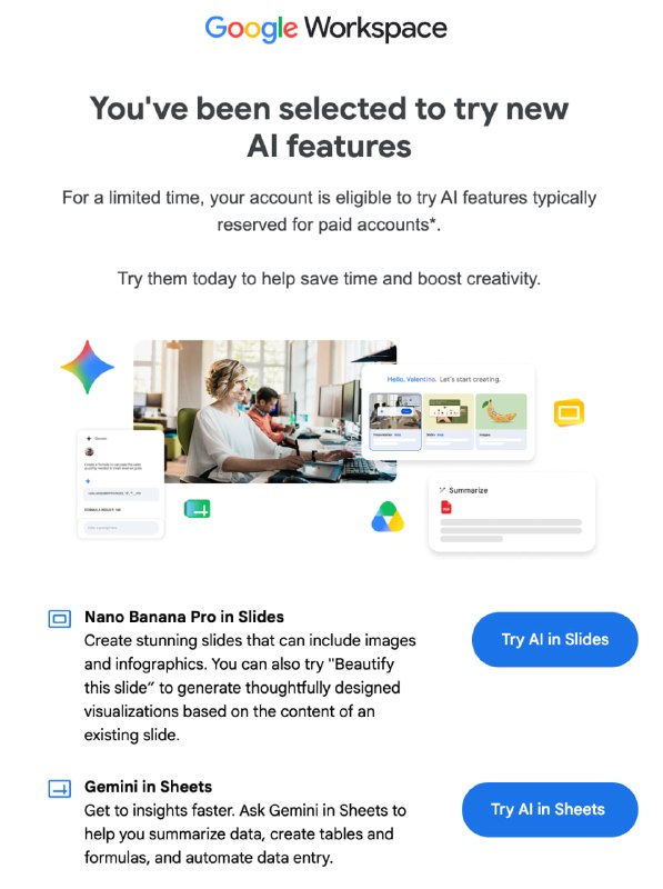今天收到了 workspace 免费 AI 试用邮件，现在 Google 也就 Nano Banana Pro 能拿得出…