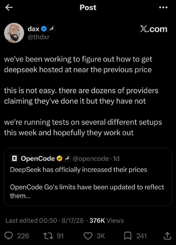 opencode 正在想办法把 DeepSeek 价格打下来